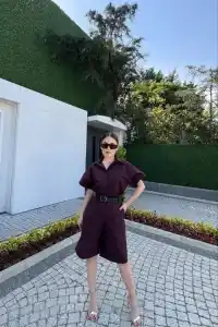 Kadın Yakalı Gömlek Kemerli Şortlu Alt-Üst Takım - Bordo