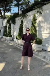 Kadın Yakalı Gömlek Kemerli Şortlu Alt-Üst Takım - Bordo