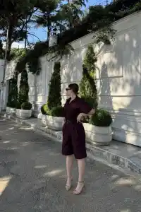 Kadın Yakalı Gömlek Kemerli Şortlu Alt-Üst Takım - Bordo