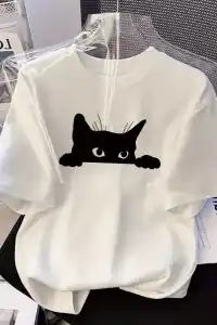 Kadınlar için Siyah Kedi Grafik Tişört - Oversize Kısa Kollu Üst Nefes Alabilir - Beyaz