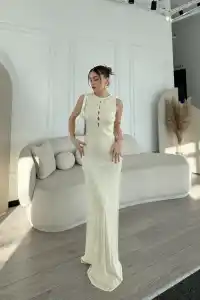 Kadın Kalın Fitilli Uzun Triko Elbise - Kırık Beyaz