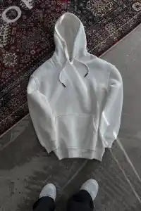 Kadın Kapüşonlu Kanguru Cepli 3 İplik Pamuklu Oversize Hoodie Sweatshirt - Beyaz