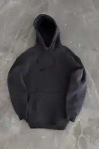 Kadın Kapüşonlu Kanguru Cepli 3 İplik Pamuklu Oversize Hoodie Sweatshirt - Füme