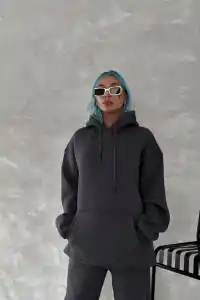 Kadın Kapüşonlu Kanguru Cepli 3 İplik Pamuklu Oversize Hoodie Sweatshirt - Füme