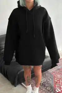 Kadın Kapüşonlu Kanguru Cepli 3 İplik Pamuklu Oversize Hoodie Sweatshirt - Siyah