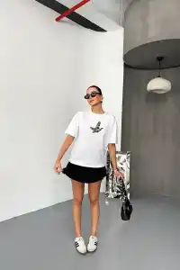 KADIN Baskılı T-Shirt Kısa Kol Bisiklet Yaka Regular Fit Yazlık Tişört - Beyaz