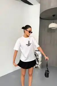 KADIN Baskılı T-Shirt Kısa Kol Bisiklet Yaka Regular Fit Yazlık Tişört - Beyaz