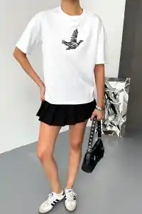 KADIN Baskılı T-Shirt Kısa Kol Bisiklet Yaka Regular Fit Yazlık Tişört - Beyaz