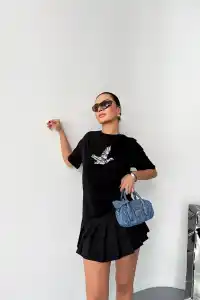 Kadın Kısa Kol Yazlık Tişört Bisiklet Yaka Baskılı Oversize T-Shirt - Siyah