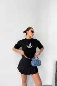 Kadın Kısa Kol Yazlık Tişört Bisiklet Yaka Baskılı Oversize T-Shirt - Siyah