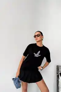 Kadın Kısa Kol Yazlık Tişört Bisiklet Yaka Baskılı Oversize T-Shirt - Siyah