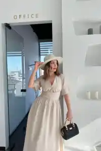 Kadın Kısa Kollu Uzun Elbise - Kırık Beyaz