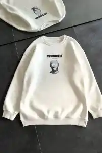 Kadın 3 iplik Kışlık Bisiklet Yaka Baskılı SweatShirt - Beyaz