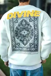 Erkek 3 iplik pamuklu Kışlık Bisiklet Yaka Baskılı SweatShirt - Beyaz