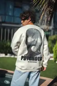 Erkek 3 iplik pamuklu Kışlık Bisiklet Yaka Baskılı SweatShirt - Beyaz