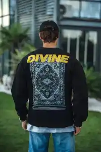 Erkek 3 iplik pamuklu Kışlık Bisiklet Yaka Baskılı SweatShirt - Siyah