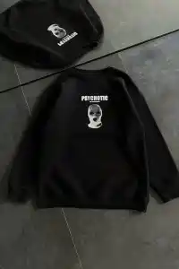 Kadın 3 iplik Kışlık Bisiklet Yaka Baskılı SweatShirt - Siyah