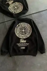 Kadın 3 iplik Pamuklu Bisiklet Yaka Baskılı SweatShirt - Siyah
