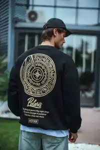 Erkek 3 iplik pamuklu Bisiklet Yaka Ön Ve Arka Baskılı SweatShirt - Siyah