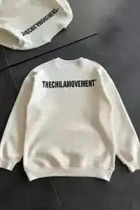 Erkek 3 iplik pamuklu Kışlık Bisiklet Yaka Oversize Baskılı SweatShirt - Beyaz