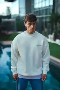 Erkek 3 iplik pamuklu Bisiklet Yaka Baskılı SweatShirt - Beyaz