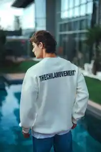 Erkek 3 iplik pamuklu Bisiklet Yaka Baskılı SweatShirt - Beyaz