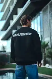 Erkek 3 iplik Pamuklu Bisiklet Yaka Oversize Baskılı SweatShirt - Siyah