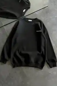 Kadın 3 iplik Kışlık pamuklu Bisiklet Yaka Oversize Baskılı SweatShirt - Siyah