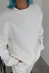 Kadın Bisiklet Yaka 3 İplik Pamuklu Basic SweatShirt - Beyaz