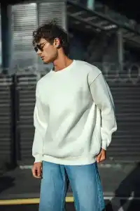 Erkek  Bisiklet Yaka 3 İplik Pamuklu Basic SweatShirt - Beyaz