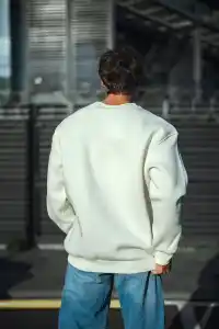 Erkek  Bisiklet Yaka 3 İplik Pamuklu Basic SweatShirt - Beyaz