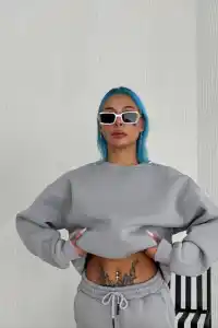 Kadın Bisiklet Yaka 3 İplik Pamuklu Basic SweatShirt - Gri