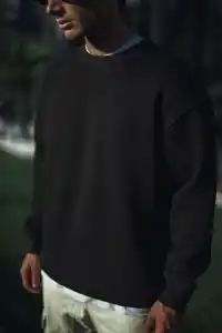Erkek pamuklu Bisiklet Yaka 3 İplik Basic SweatShirt - Siyah