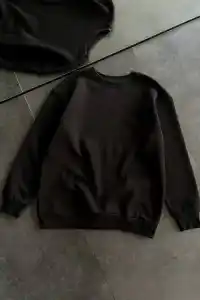Kadın Bisiklet Yaka 3 İplik Pamuklu Basic SweatShirt - Siyah