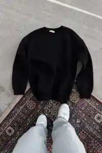Kadın Bisiklet Yaka 3 İplik Pamuklu Basic SweatShirt - Siyah