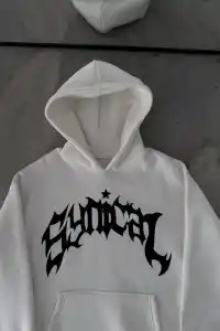 Erkek Kapüşonlu Kanguru Cepli Sweatshirt 3 İplik Pamuklu Baskılı Hoodie - Beyaz