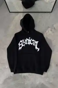 Erkek Kapüşonlu Kanguru Cepli Sweatshirt 3 İplik Pamuklu Baskılı Hoodie - Siyah