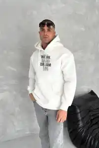 Erkek Kapüşonlu Kanguru Cepli Sweatshirt 3 İplik Pamuklu Baskılı Hoodie - Beyaz