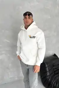 Erkek Kapüşonlu Kanguru Cepli Sweatshirt 3 İplik Pamuklu Baskılı Hoodie - Beyaz