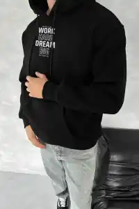 Erkek Kapüşonlu Kanguru Cepli Sweatshirt 3 İplik Pamuklu Baskılı Hoodie - Siyah
