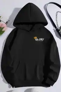 Kadın Oversize Kapüşonlu Kanguru Cepli Baskılı 3 İplik Pamuklu Sweatshirt Hoodie -   Siyah