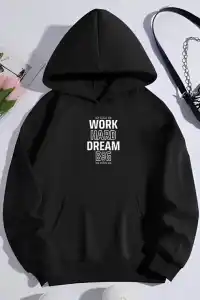 Kadın Oversize Kapüşonlu Cepli Baskılı 3 İplik Pamuklu Hoodie Sweatshirt - Siyah