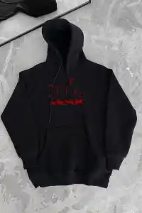 Kadın Oversize Kapüşonlu Cepli Baskılı 3 İplik Pamuklu Hoodie Sweatshirt - Siyah
