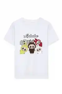 Kız Labubu Çocuk Baskılı T-Shirt - Beyaz