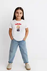 Kız Labubu Çocuk Baskılı T-Shirt - Beyaz