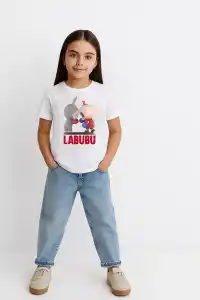 Kız Labubu Çocuk Baskılı T-Shirt - Beyaz