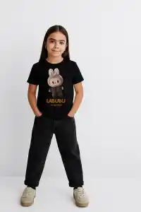Kız Labubu Çocuk Baskılı T-Shirt - Siyah