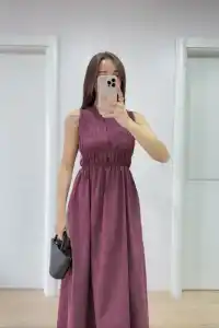 Kadın Kolsuz Göğüs Lastıklı %100 Poplin Uzun Elbise - Bordo