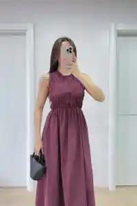 Kadın Kolsuz Göğüs Lastıklı %100 Poplin Uzun Elbise - Bordo