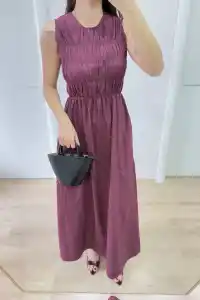 Kadın Kolsuz Göğüs Lastıklı %100 Poplin Uzun Elbise - Bordo